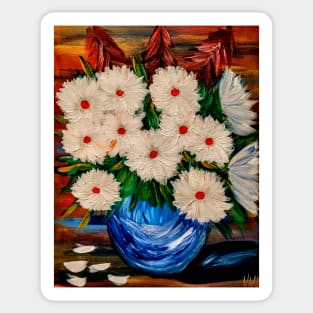 beautiful large carnation flowers in a blue bowl vase Sticker